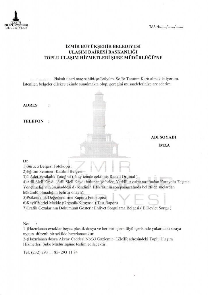 Şoför tanıtım kartı başvuru formu